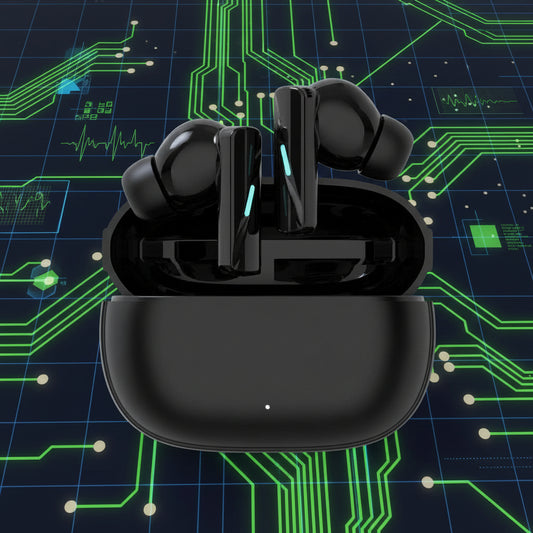 Black Gaming Wireless Earbuds with Low Latency, Cyan LED Accent, and Charging Case